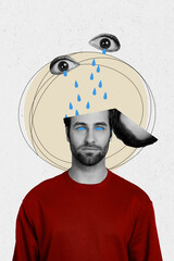 Vertical composite photo abstract collage of upset tired exhausted weird man without eyes crying...
