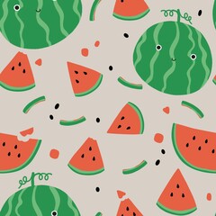 Hand-drawing watermelon, seamless pattern and background.