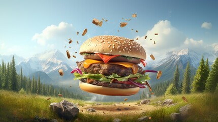Burger with flying elements generate ai