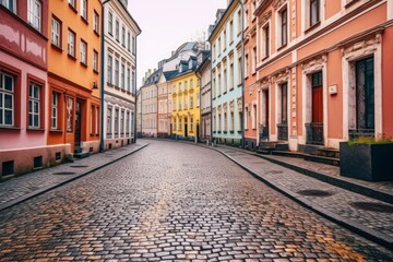 Fototapeta na wymiar Illustration of a charming cobblestone street in a picturesque European city, created using generative AI