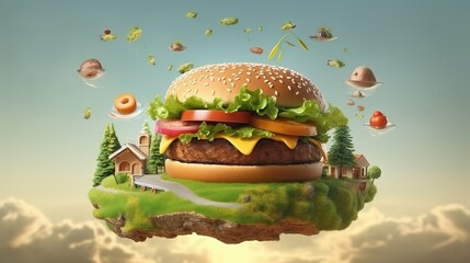 Burger with flying elements generate ai