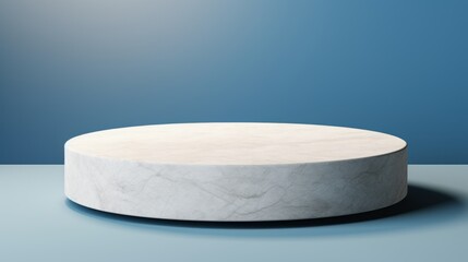 A mockup design containing an empty modern pedestal on a blue background