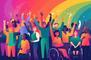 Illustration of a crowd of people raising their arms in celebration or excitement, created using generative AI technology