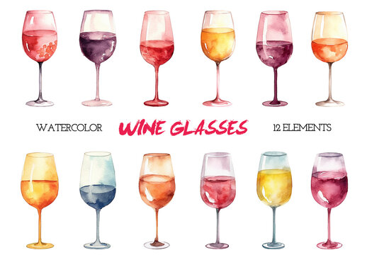 Watercolor painted wine glasses clipart. Hand drawn design elements isolated on white background.