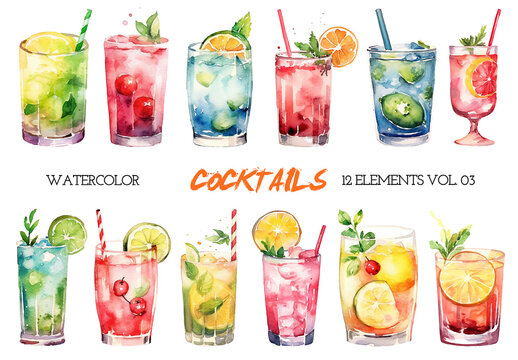Watercolor painted cocktails clipart. Hand drawn design elements isolated on white background.