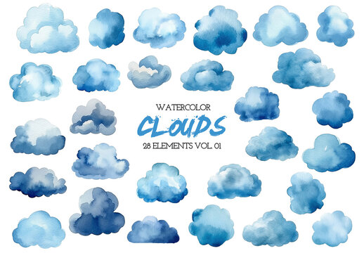 Watercolor painted blue clouds. Hand drawn design elements isolated on white background.