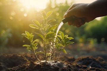 Fototapeta premium Hand watering a young tree to grow in the park at sunset. Environmental protection concept. Generative AI
