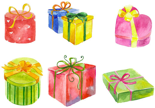 Watercolor painted collection of gift boxes. Hand drawn holiday design elements isolated on white background.