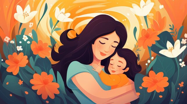 Illustration picture for mothers day containing a mom hugging her son/daughter