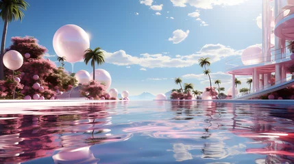  3d render of pink pool with palm trees in the background.Futuristic island with palm trees and sphere © wing