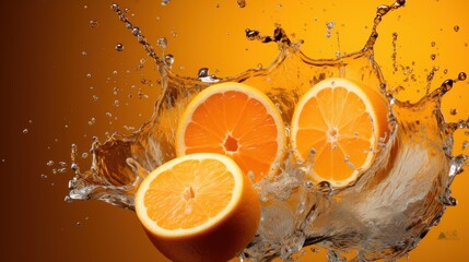 Obraz na płótnie Canvas A cinematic shot of orange fruits falling with water splash, for commercial use, orange juice
