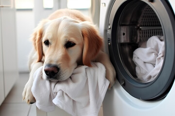 Labrador retriever dog is resting on laundry basket next to a washing machine. Fatigue in...