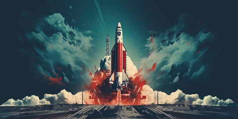 AI Generated. AI Generative. Rocket spaceship shuttle spacecraft launch. Space sgalaxy universe adventure exploration future travel vibe. Graphic Art