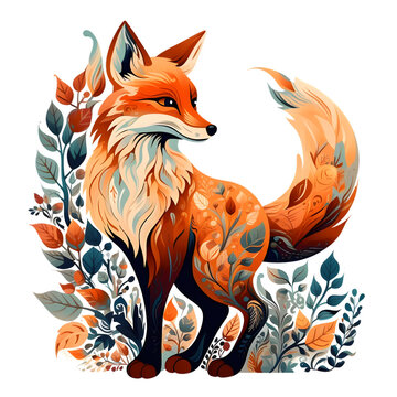 Watercolor floral illustration orange fox standing and looking over shoulder isolated on white background