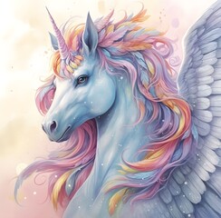 Fototapeta na wymiar beautiful unicorn with rainbow color, Watercolor illustration