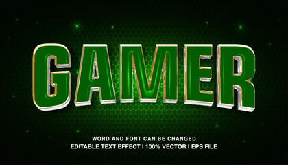 Gamer editable text effect template. bold green glossy futuristic style typeface, premium vector