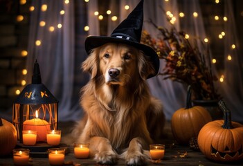 Golden retriever dog dressed up in witch costume with halloween pumpkins
