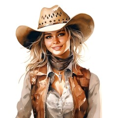 Watercolor style cowgirl  isolated on white background, Artwork design, illustration, wild west style, American western