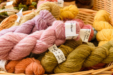 Sheep wool dyed using natural dyes in a basket. - obrazy, fototapety, plakaty