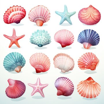 watercolor set of seashells isolated on white, AI Generated