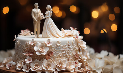 Bride and groom topper on elegant wedding cake. figurines of the bride and groom on a beautiful white cake with wedding decor
