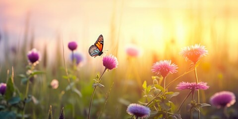 summer nature  background with wildflower and butterfly against sunset  sky.  beautiful summer banner, Generative AI