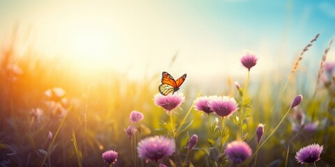 Obraz na płótnie Canvas summer nature background with wildflower and butterfly against sunset sky. beautiful summer banner, Generative AI
