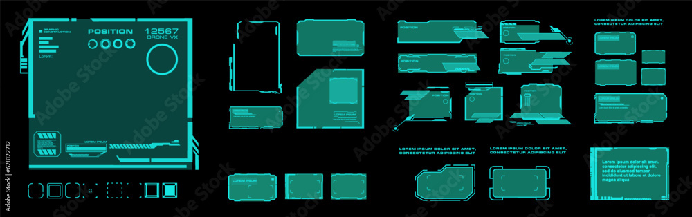 Poster set modern frames for online browsing or correspondence. hud user interface elements on black backgr