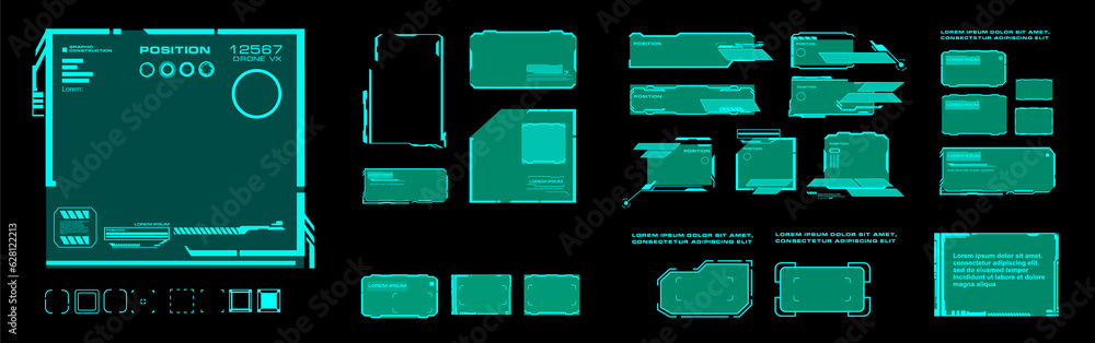 Poster set modern frames for online browsing or correspondence. hud user interface elements on black backgr