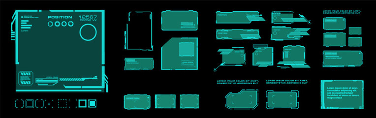 Set modern frames for online browsing or correspondence. HUD user interface elements on black background. Futuristic interface with frames and dialog boxes
