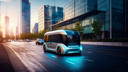 Elektrischer futuristischer Reisebus in der Großstadt, ai generativ