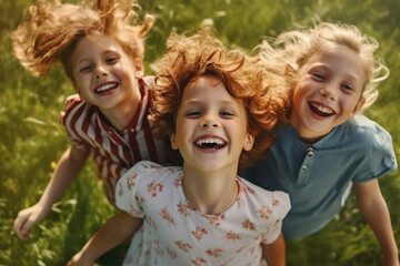 Fototapeta premium Children in the park. Summer games in the park. Happy childhood. Friendship. Generative AI