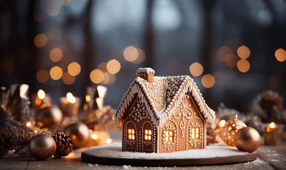Foto op Plexiglas Gingerbread house with glaze standing on table with Christmas decorations, candles and lanterns bokeh lights. Living room with lights and Christmas tree. Holiday mood copy space © annebel146