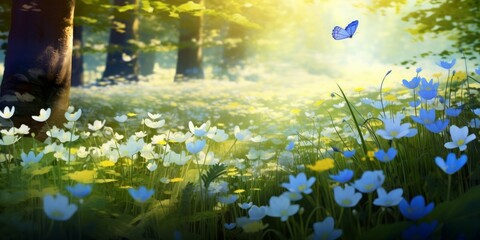 Forest glade with lots of white spring flowers and butterflies on a sunny day, Generative AI
