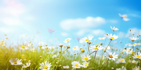 abstract spring nature background with fresh grass and flowers against sunny sky, Generative AI