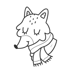 Fox doodle. A fox with a scarf in a linear style. Vector isolated illustration on a white background.