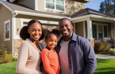 African American family in front of newly purchased house, smiling proudly. Home ownership, real estate and a life goal accomplishment - obrazy, fototapety, plakaty