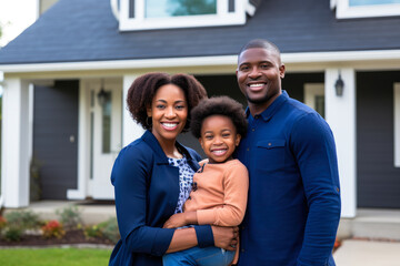 African American family in front of newly purchased house, smiling proudly. Home ownership, real estate and a life goal accomplishment