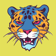 Trippy style colorful jaguar head on yellow-green background vector illustration. American 70s 80s cartoon style monster charachter.  Unique feline mascot. Groovy style art for poster, logo, userpic.