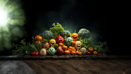 Viele lustige Früchte und Gemüse mit Gesichter als Cartoon, ai generativ - obrazy, fototapety, plakaty
