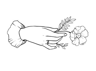 One line drawing of flower in hand. Hand-drawn illustration. Vector.