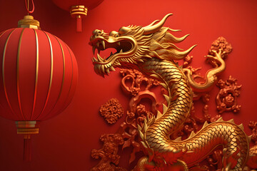 Golden Chinese dragon golden Chinese dragon new year symbol. New year banner. Generated by AI
