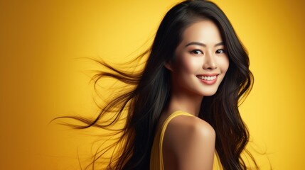 portrait studio shot of an asian female model with long black hair smiling for the camera with orange yellow theme