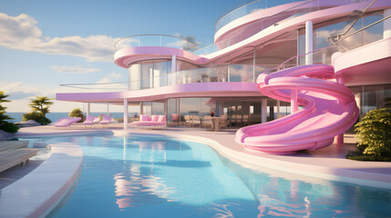 3d render of a barbie swimming pool in a modern hotel with palm trees
