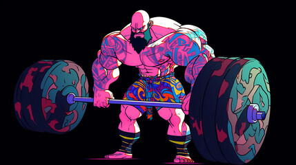 Pink cheerful strongman on a black background