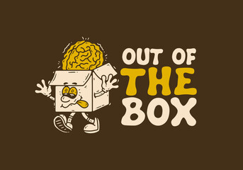 Out of the box, Mascot character of a cardboard box with a human brain on it