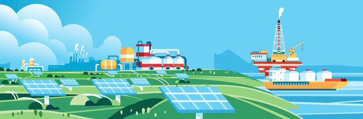Landscape field with solar panels Sustainable renewable green and oil offshore energy concept Scenery with eco-friendly electricity resources power plan factory