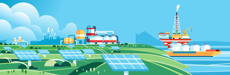 Landscape field with solar panels Sustainable renewable green and oil offshore energy concept Scenery with eco-friendly electricity resources power plan factory © yisar