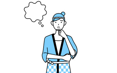 顔をかきながら考える夏祭りの法被を着た女性