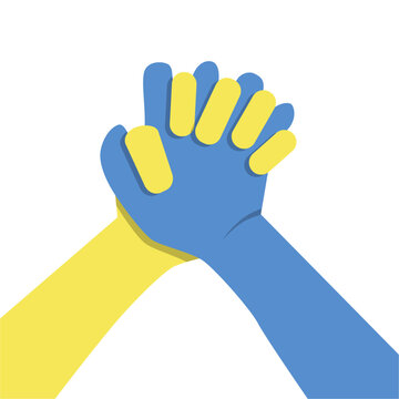 hands painted in Ukraine Sweden flag colors yellow-blue holding. Stop the war and the power of Ukraine